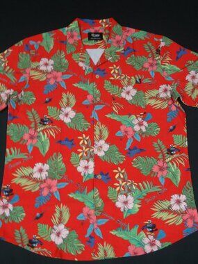 TWISTED TOUCAN CROWS RULE FIGHTER JETS RED LARGE BUTTON UP HAWAIIAN SHIRT L571